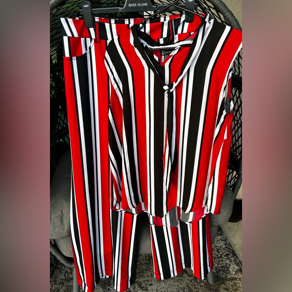 New York & Company Red ,White, and Black Striped Blouse Size XL